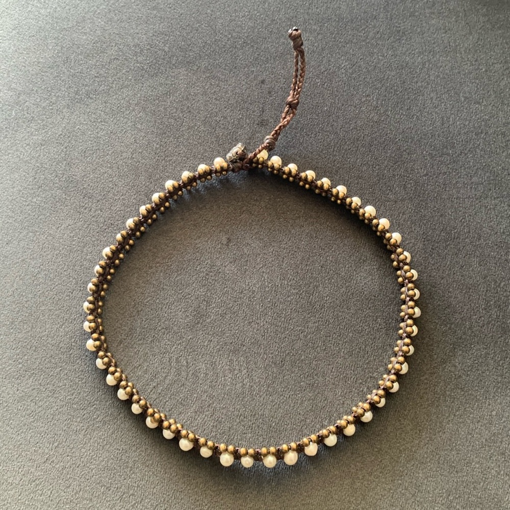 Corded Pearl and Brass Bead Choker